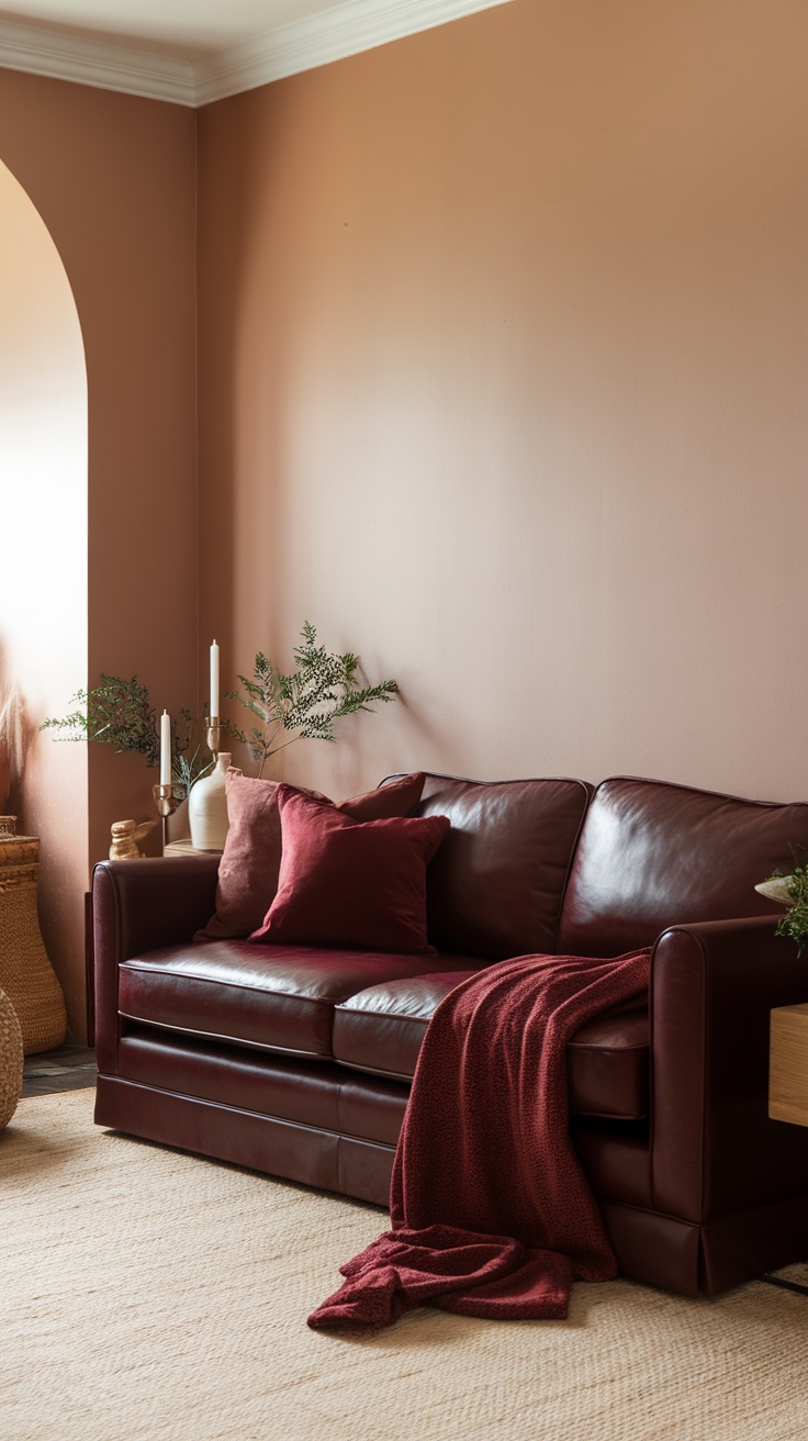 A cozy living room with dark cherry red pillows on a leather sofa, complemented by a textured throw and a warm, light-colored wall.