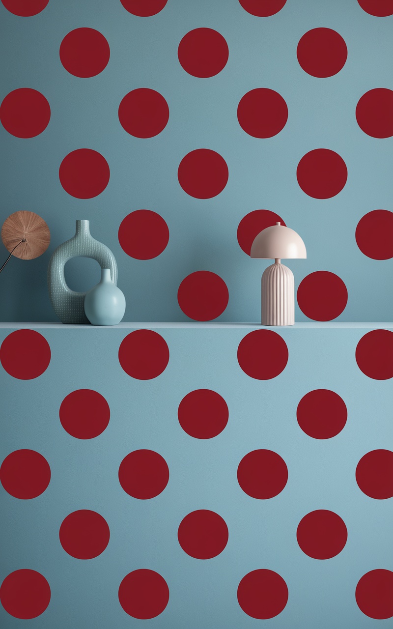 Dark cherry red polka dots on a blue background with decorative items.