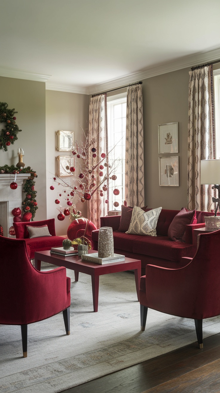 A stylish living room decorated in dark cherry red with seasonal decor, featuring a red sofa, festive ornaments, and elegant accessories.