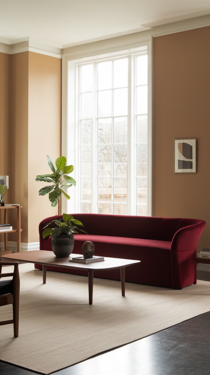 A cozy living room featuring a dark cherry red sofa with large windows and a potted plant.