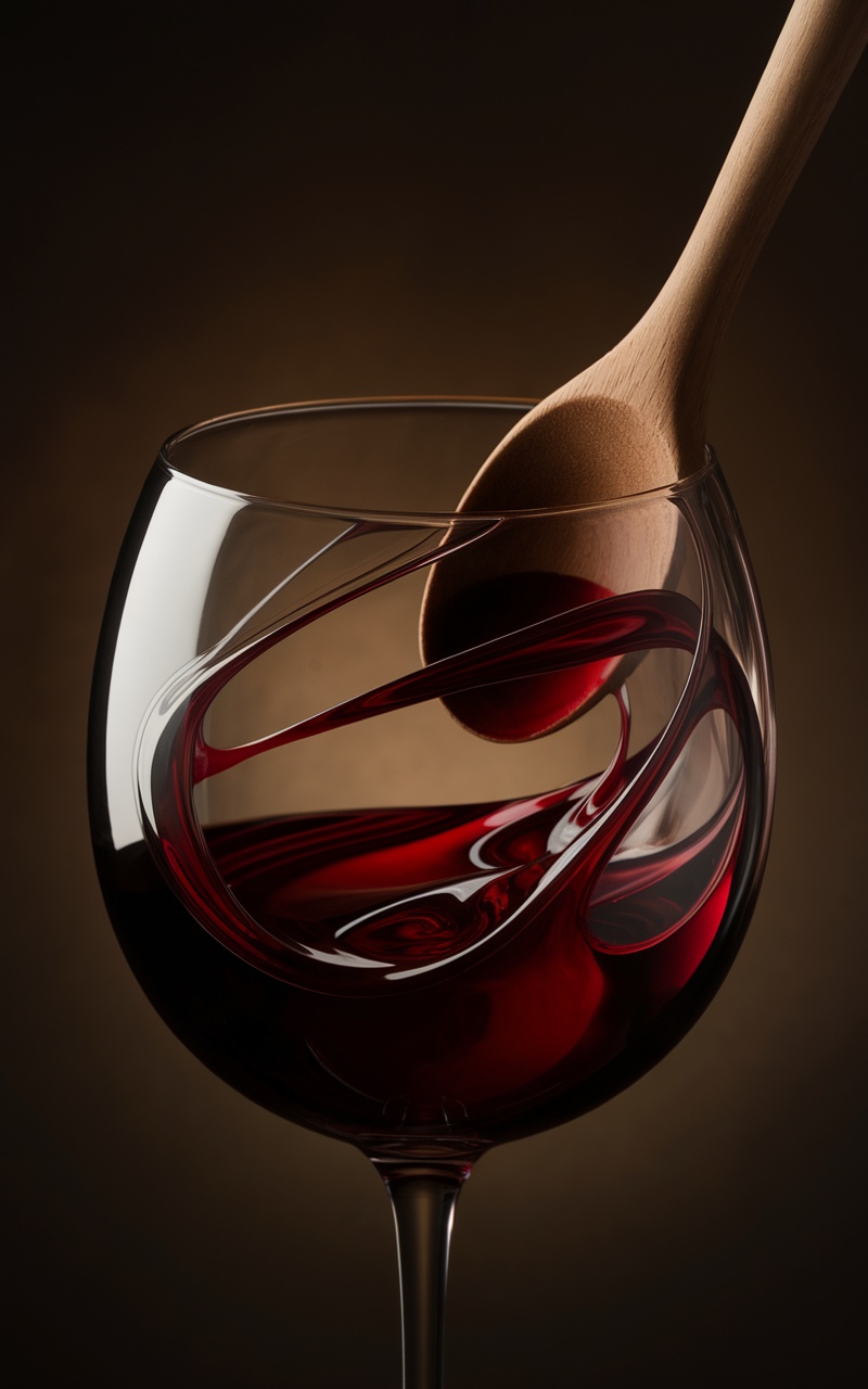 A close-up of dark cherry red liquid swirling in a glass with a wooden spoon