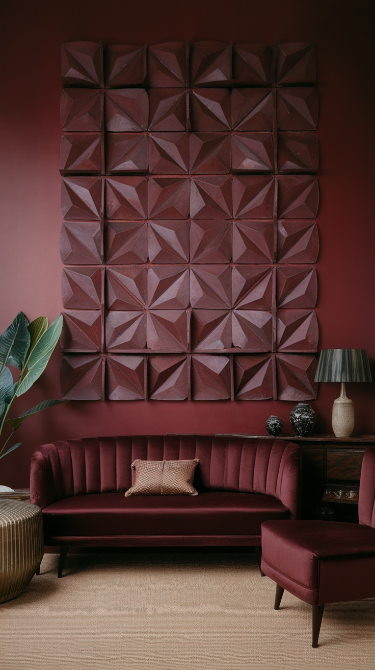 A dark cherry red living room featuring a textured geometric wall art display.