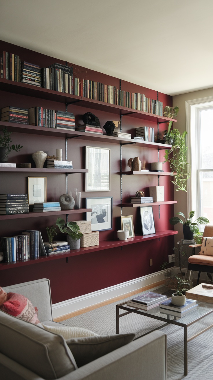 Stylish dark cherry red wall shelving with books and decorative items