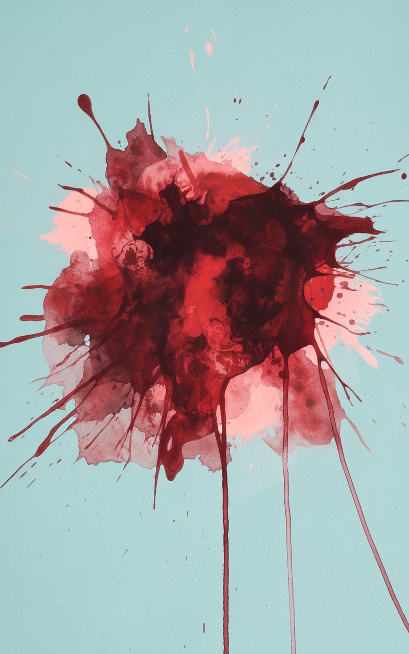 Watercolor splashes in dark cherry red against a light background.