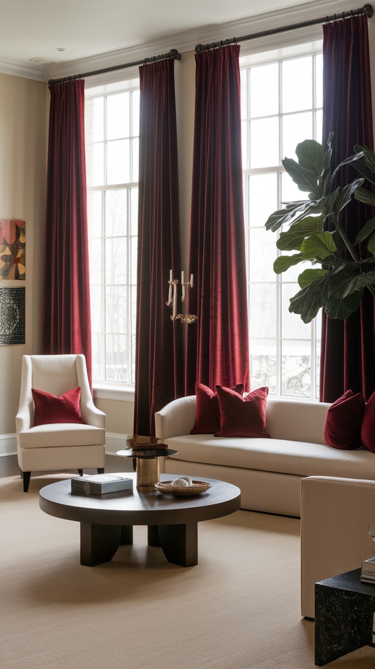 Living room featuring dark cherry red window treatments, a white sofa with red pillows, and a round coffee table.