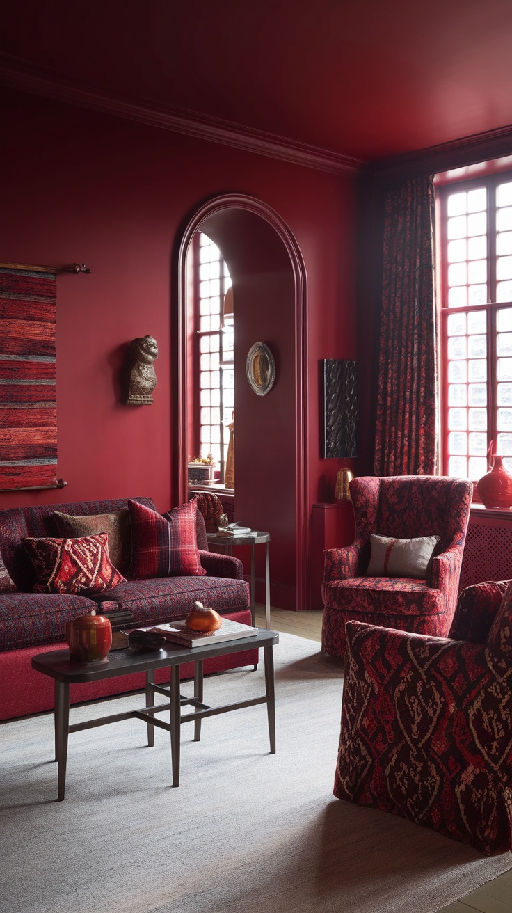 A living room with dark cherry red walls and bold patterned furniture, showcasing a cozy and inviting space.