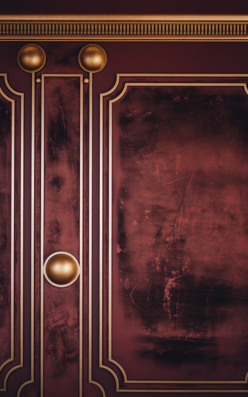 Dark cherry red wallpaper with golden accents and intricate design.