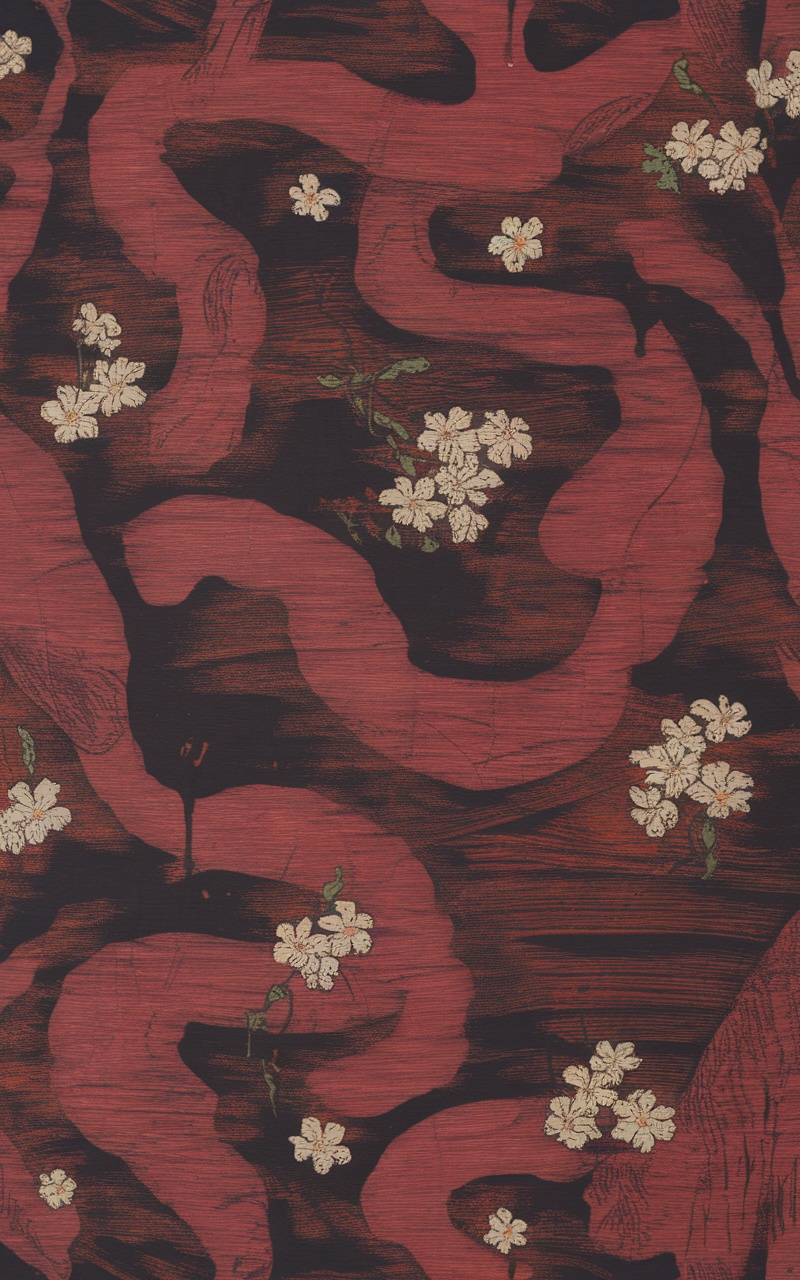 Dark cherry red wallpaper with grunge texture and floral designs.