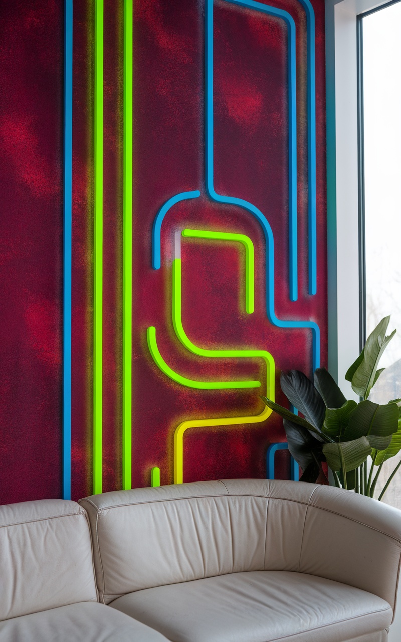 A wall featuring dark cherry red with vibrant neon accents in blue and green.