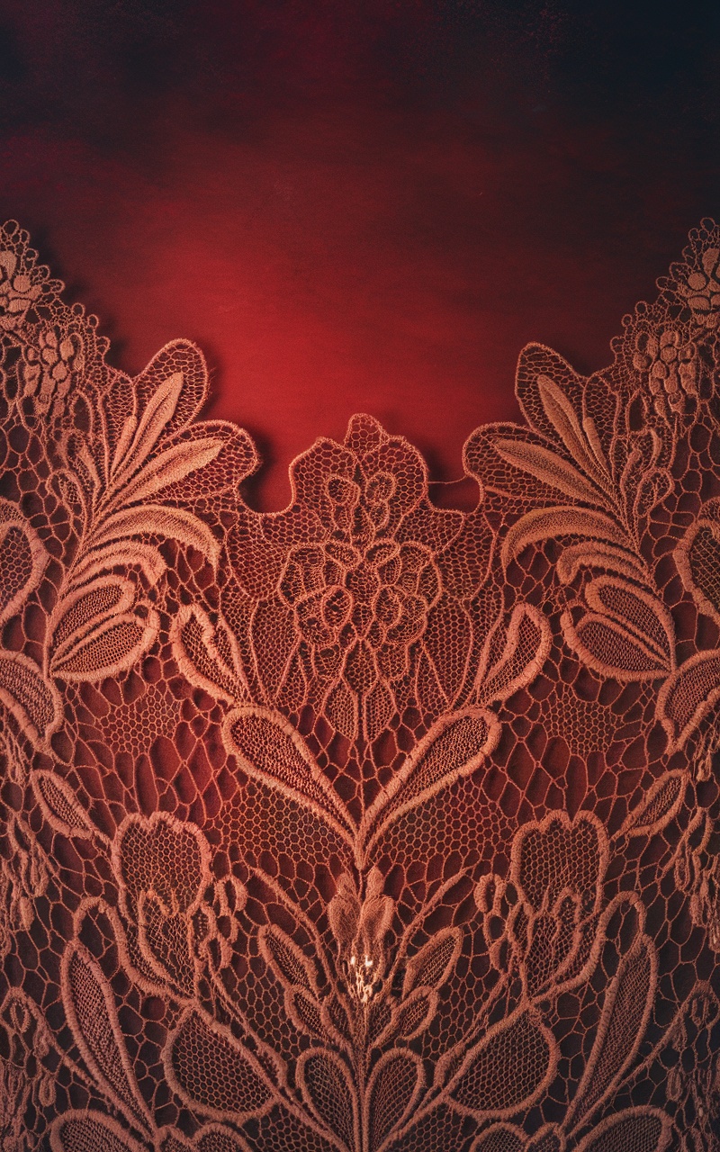 Dark cherry red background with intricate vintage lace design