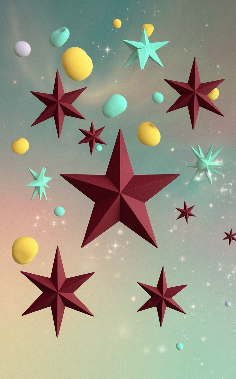 Dark cherry red wallpaper featuring whimsical stars in various colors.