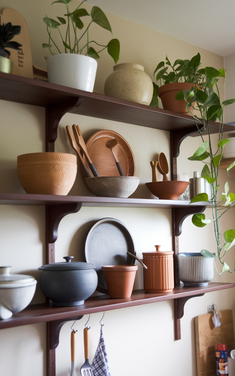 Dark cherry shelving units displaying plants and kitchenware.