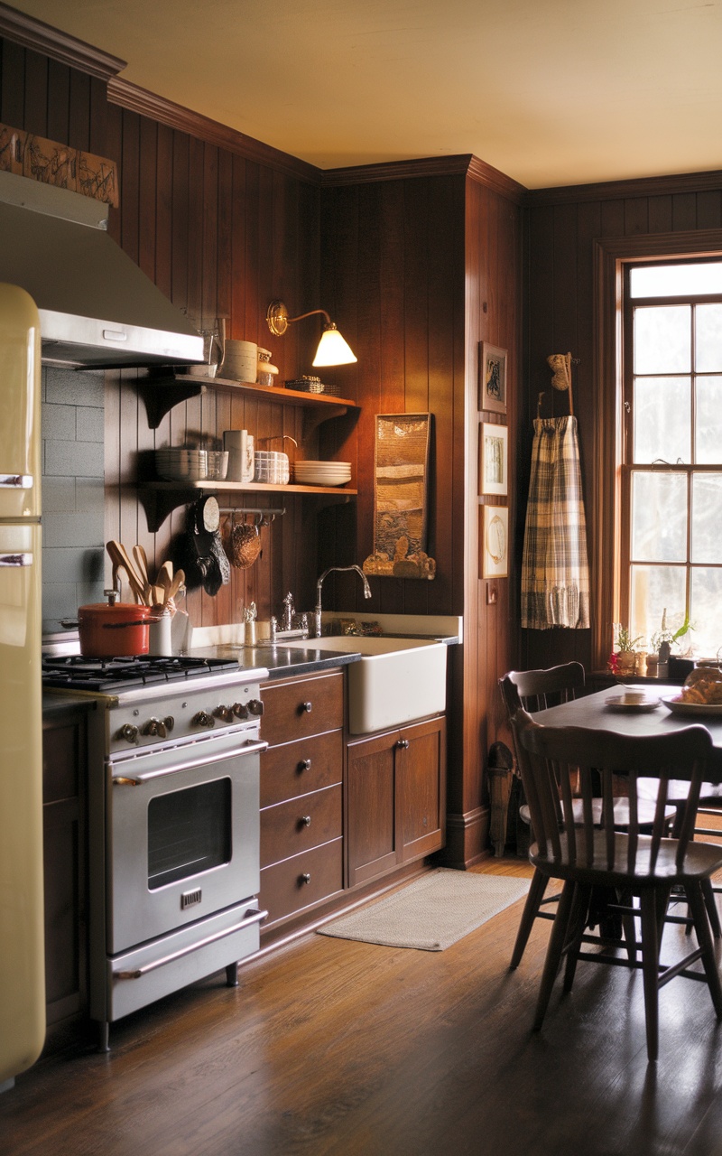 Cozy kitchen featuring dark cherry wall panels, a vintage stove, and wooden accents