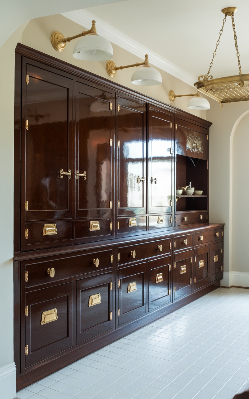 A kitchen featuring dark cherry wood cabinetry with brass fixtures and lighting.