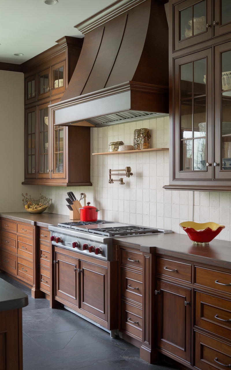 Kitchen with dark cherry wood cabinetry and bright red and yellow accents