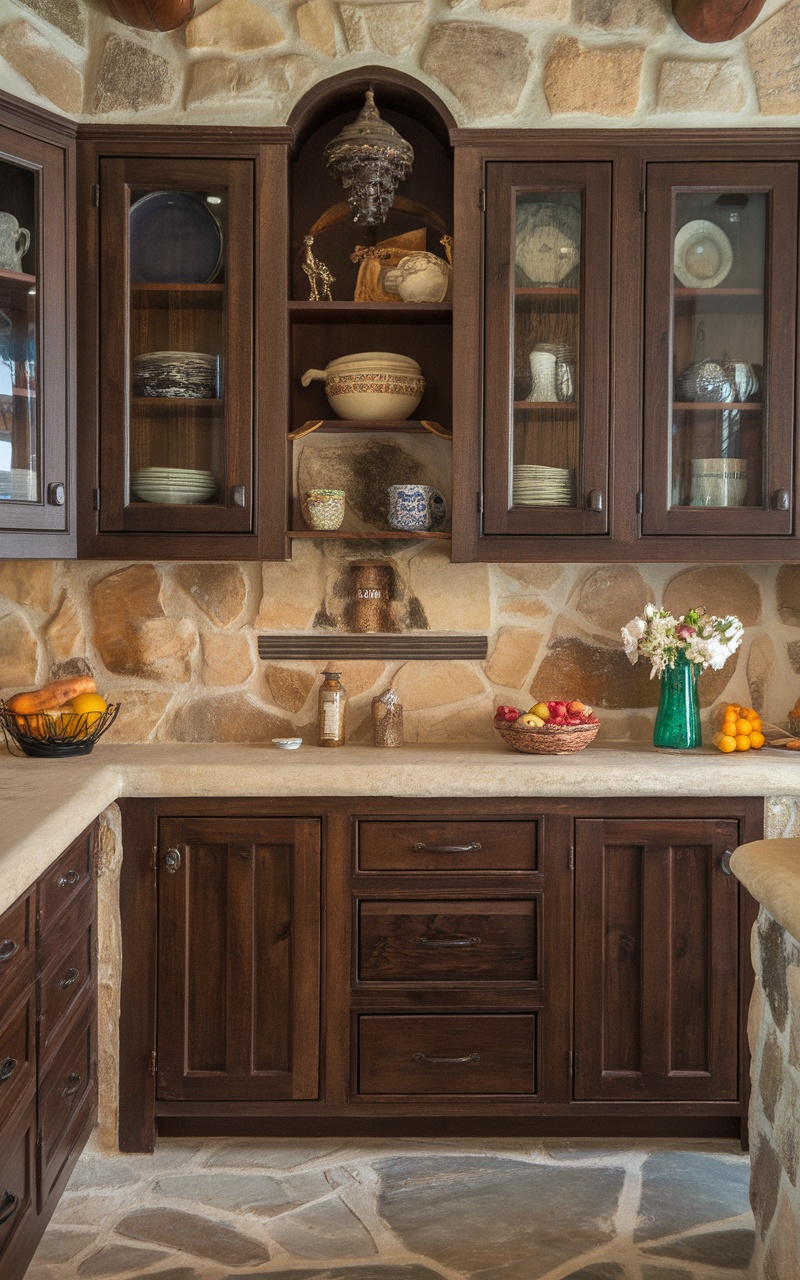 A kitchen featuring dark cherry cabinetry and a natural stone backsplash.