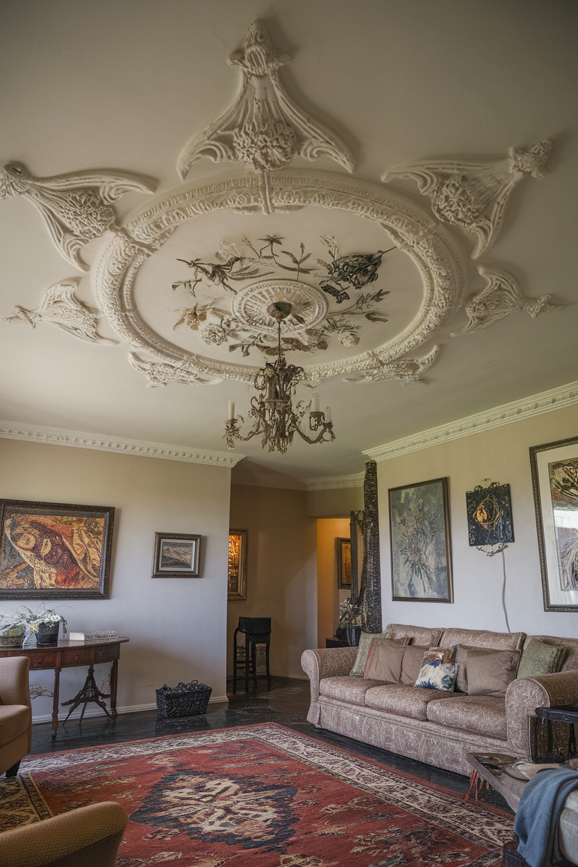 Ornate ceiling medallion with floral designs and chandelier in a living room.