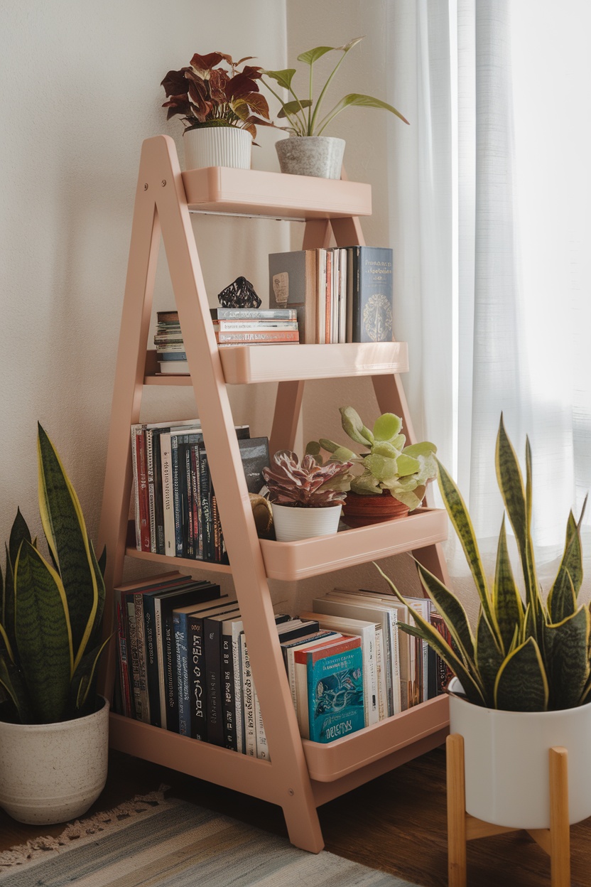 A decorative ladder shelf in a soft pink color, showcasing books and potted plants.