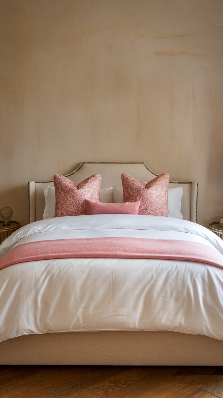 Cozy bedroom with decorative pink pillows on the bed