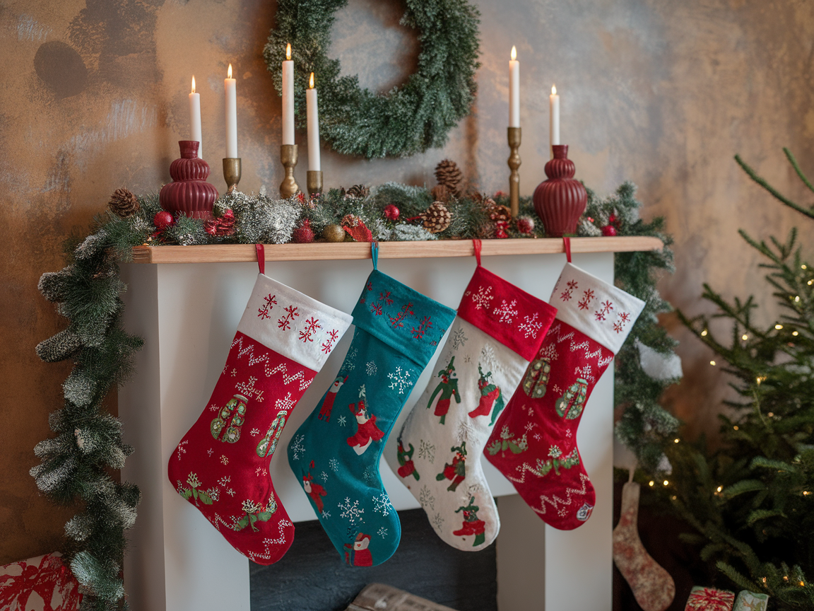 A cozy mantel decorated with colorful Christmas stockings, candles, and greenery.