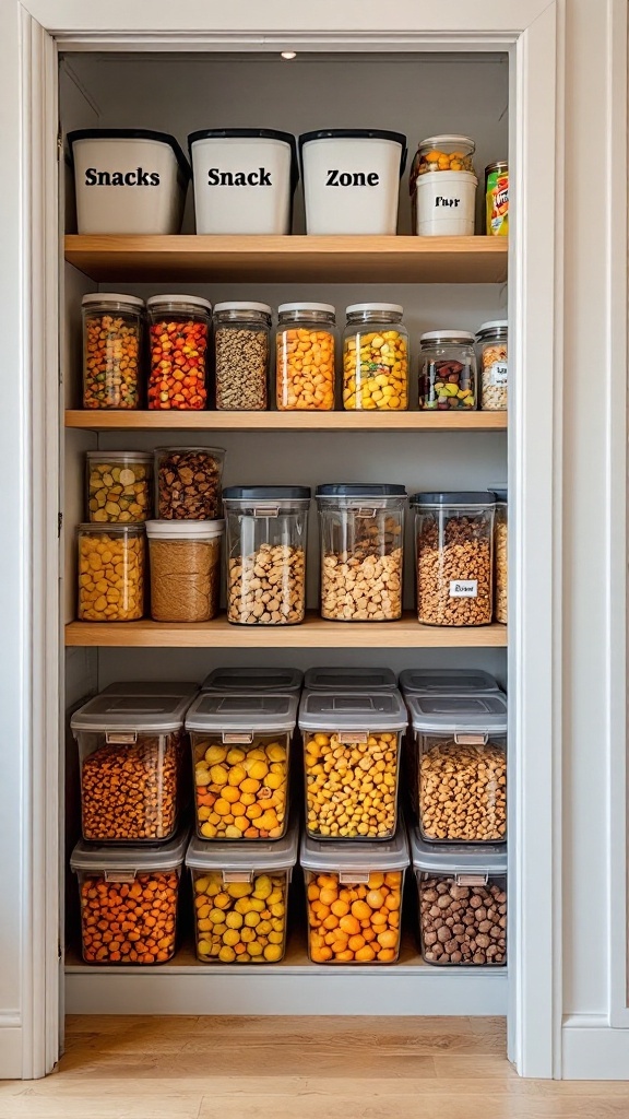 A well-organized pantry with labeled containers for snacks, showcasing a dedicated snack zone.