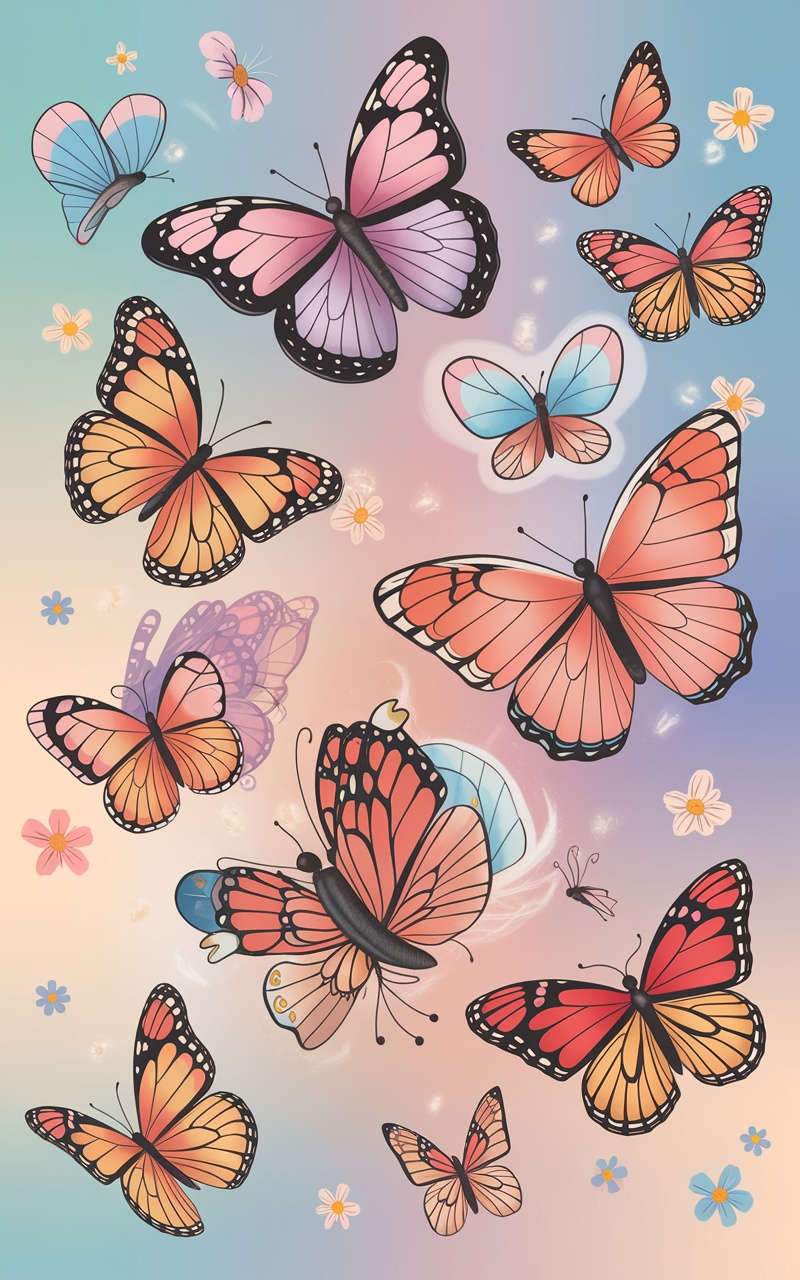 A collection of delicate butterfly designs in various colors and styles on a soft background