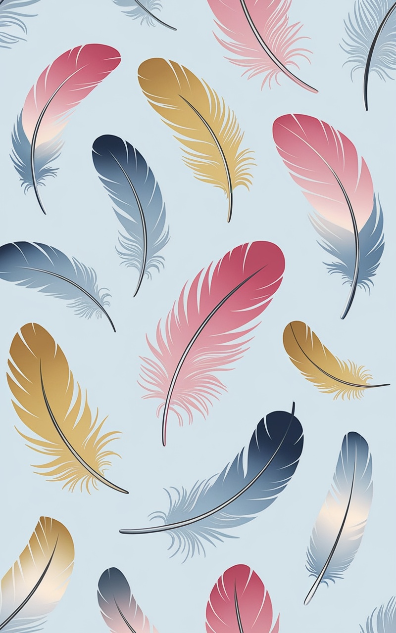 A pattern of delicate feathers in pastel colors on a light blue background.