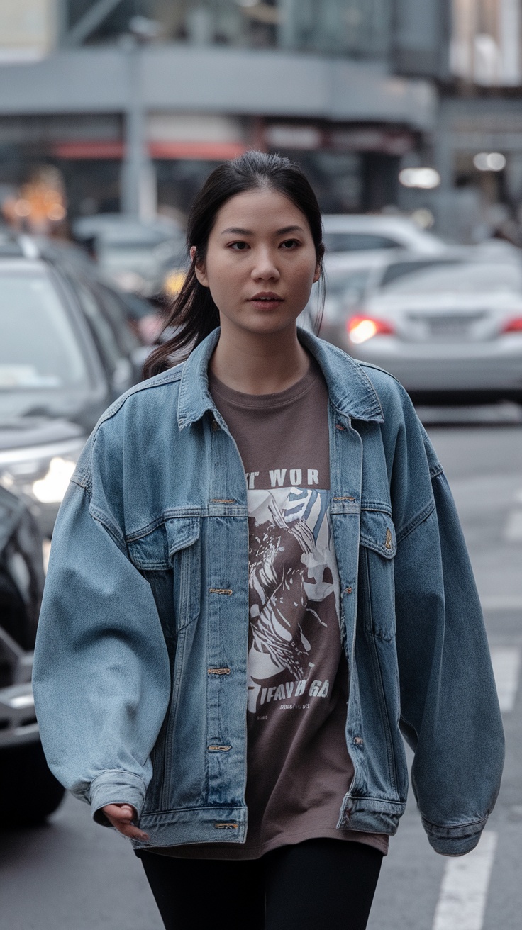 A woman walking in a city wearing an oversized denim jacket over a graphic t-shirt.