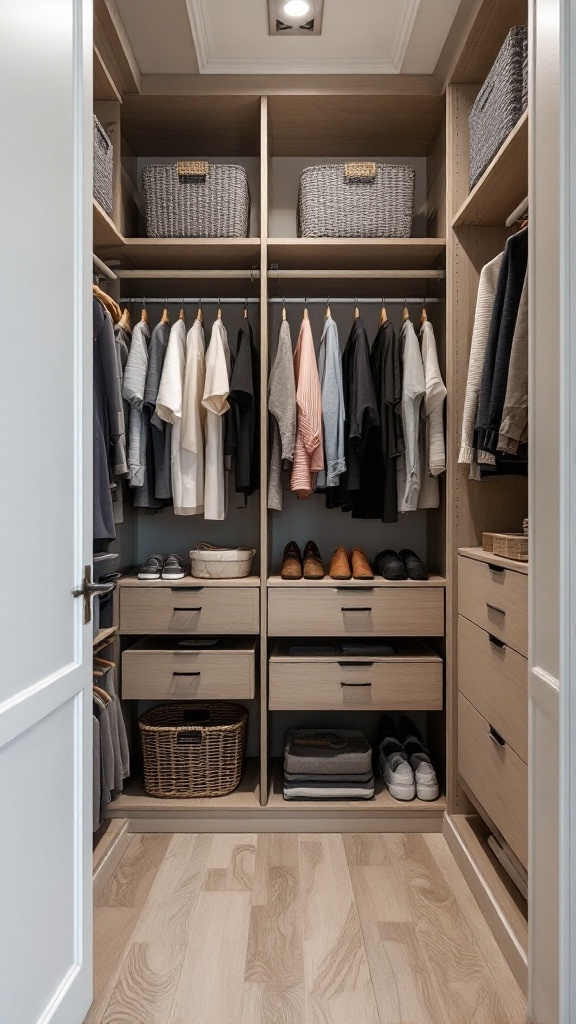 A well-organized custom closet featuring hanging clothes, shelves, baskets, and shoes.