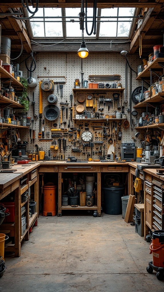 A well-organized workshop space with tools, shelves, and ample lighting