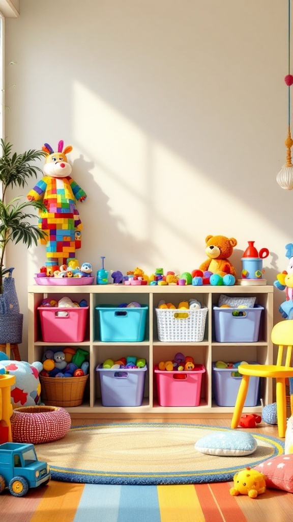 A colorful playroom with organized storage solutions, including bins and shelves filled with toys.