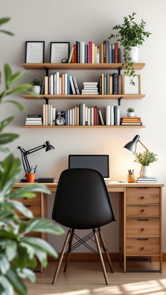 A modern study area featuring a wooden desk, bookshelves, and plants, designed for organization and productivity.