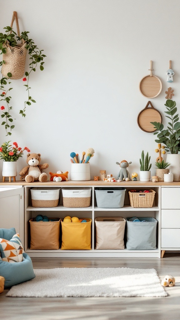 A well-organized kids' room featuring colorful storage bins, toys, and decorative plants.