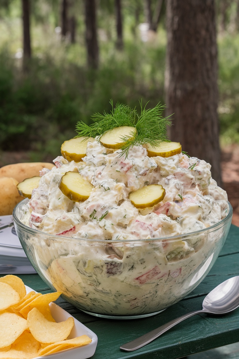 A bowl of dill pickle potato salad topped with pickle slices and fresh dill.