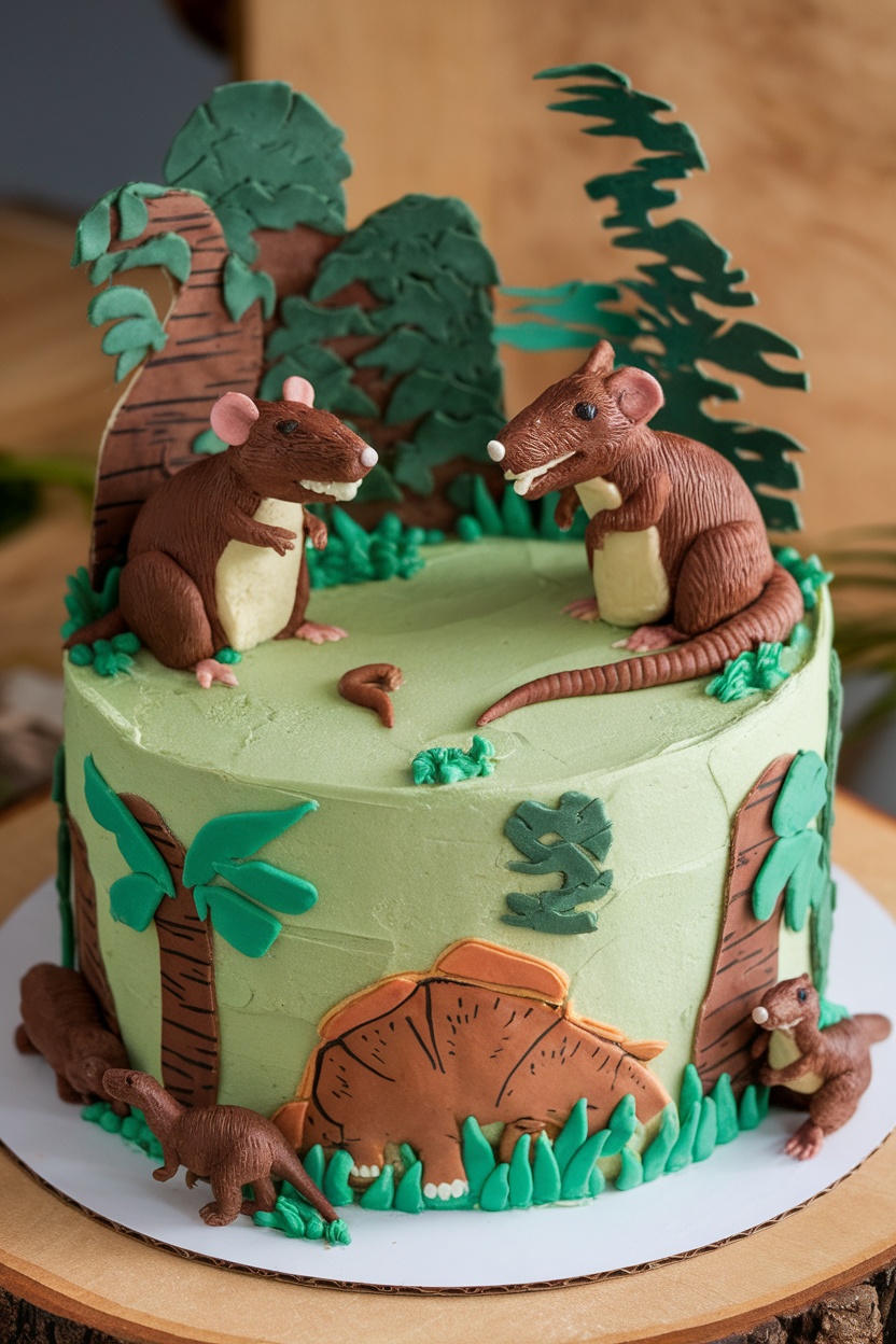 A cake designed with playful rat figures and dinosaur decorations, set in a green landscape.