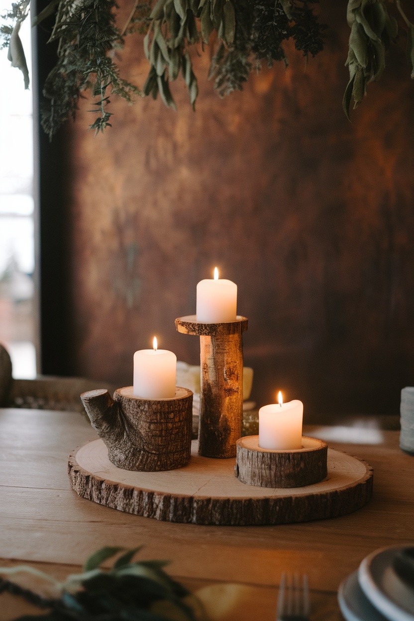 Rustic DIY candle holders made from wood with lit candles on a wooden table