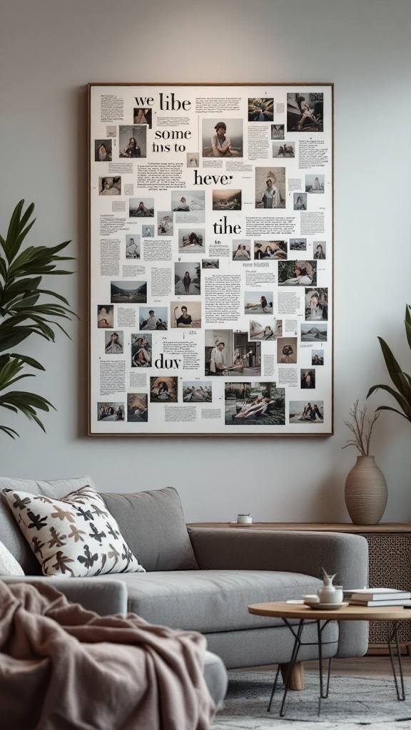 A large canvas collage featuring images and text in an eclectic decor setting.