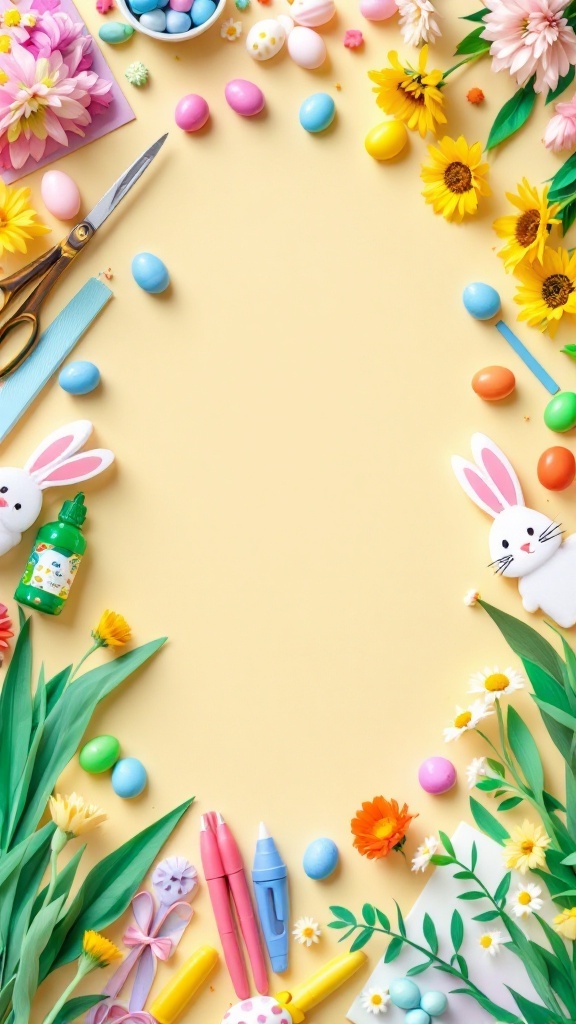 Colorful Easter craft supplies including eggs, flowers, scissors, and bunny figures on a light background.