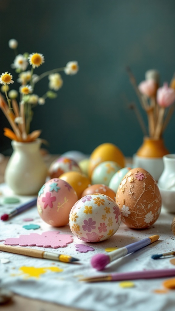 Colorful decorated eggs with floral patterns and art supplies on a table