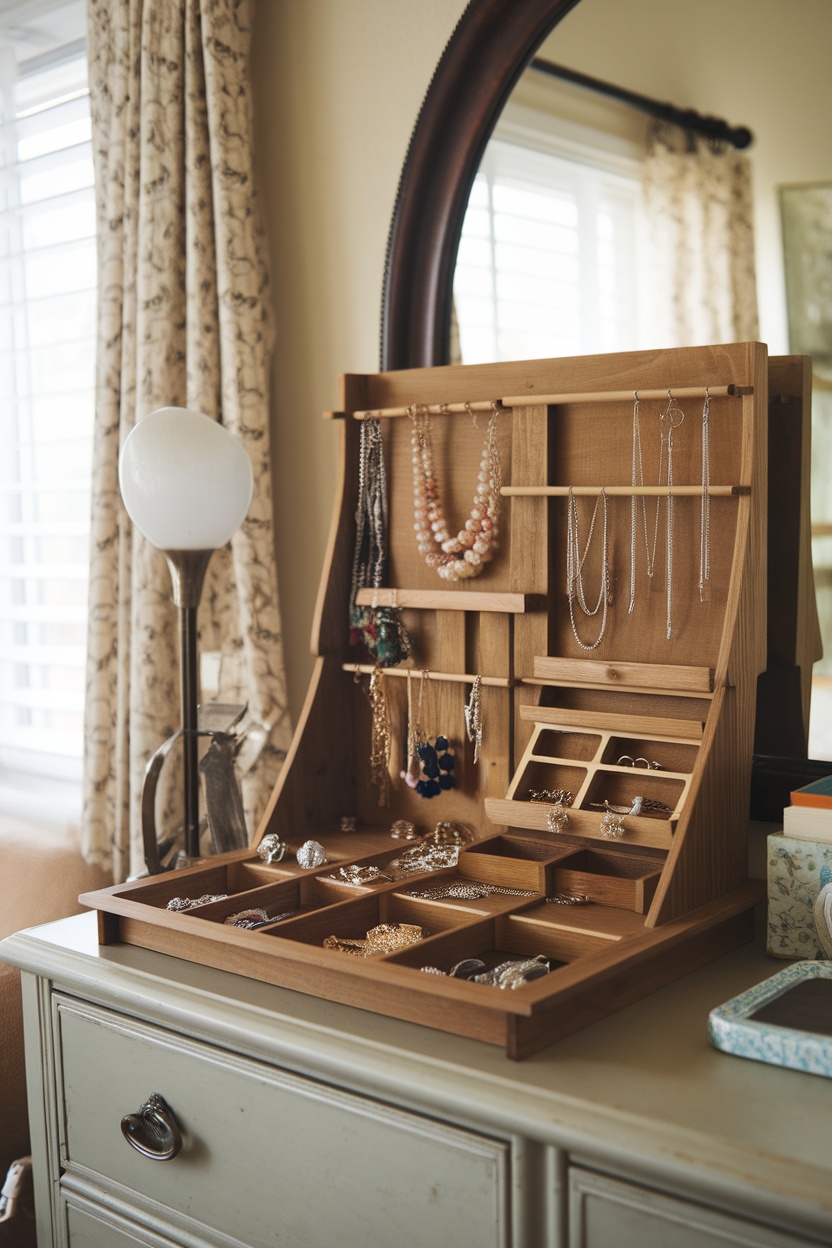 A stylish wooden jewelry organizer displaying various pieces of jewelry on a dresser.