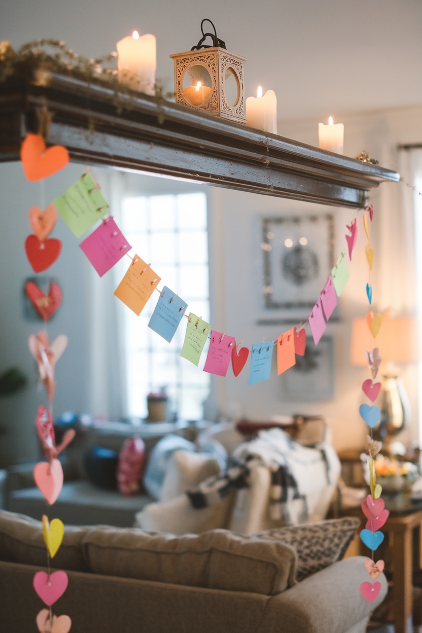 A cozy living room with a DIY garland of colorful love notes and hearts hanging above a couch.