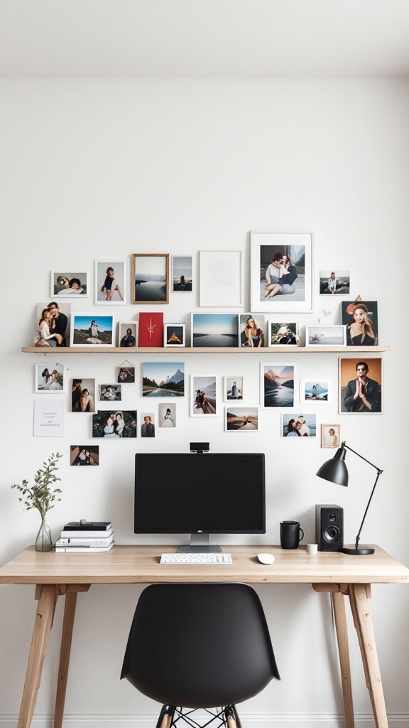 A DIY photo ledge gallery featuring various framed photos on a wooden ledge above a desk.