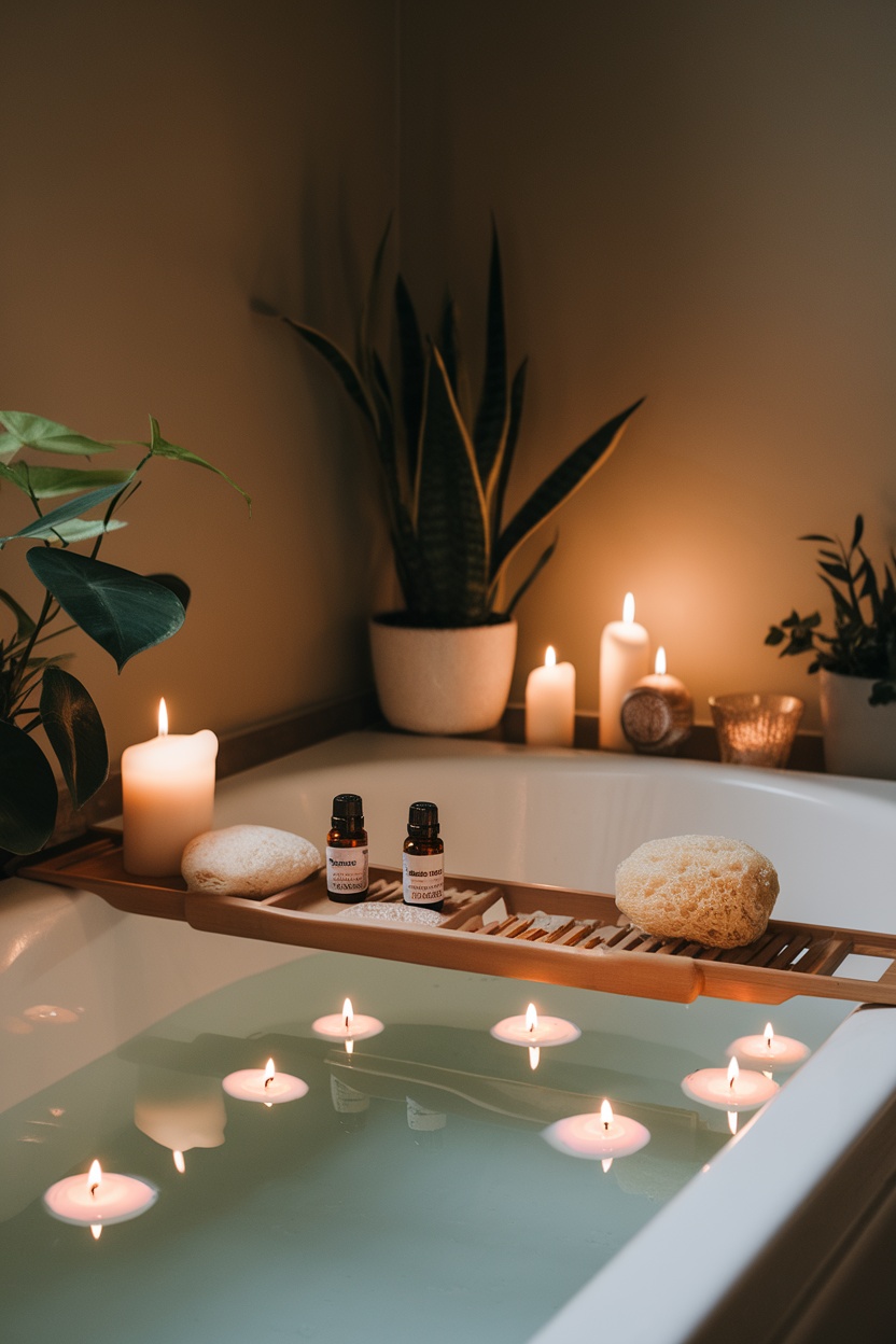 A calming DIY spa setup with a bathtub, floating candles, essential oils, and a natural sponge.