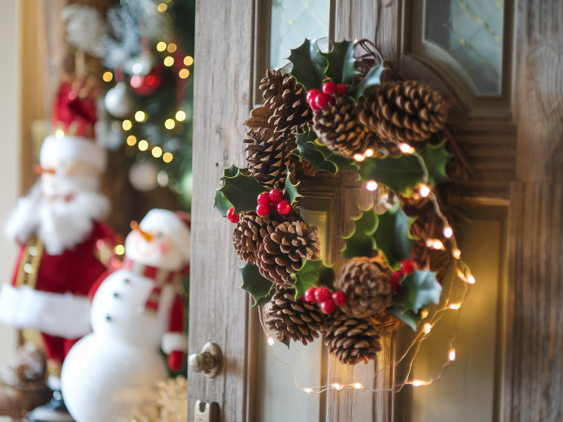 A small festive wreath made of pinecones and holly with fairy lights, hanging on a wooden door.