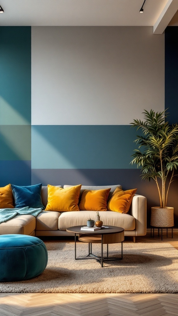 A colorful maximalist living room featuring a color-blocked wall in shades of blue and green, a beige sofa with yellow and teal cushions, and a circular coffee table.