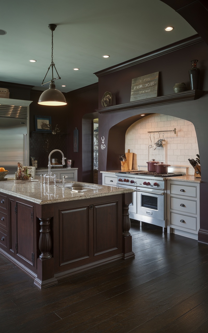 A dark cherry wood kitchen with an island, granite countertop, and stainless steel appliances.