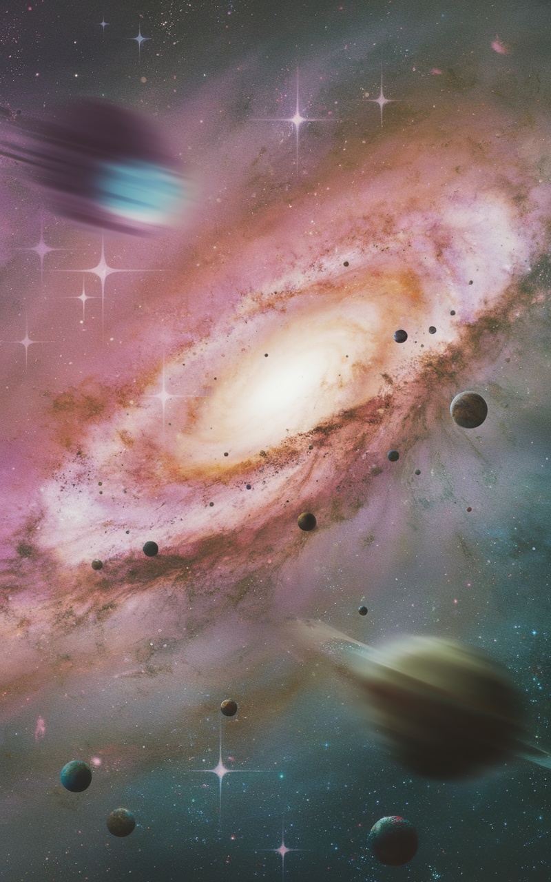 A colorful galaxy scene with swirling stars and planets