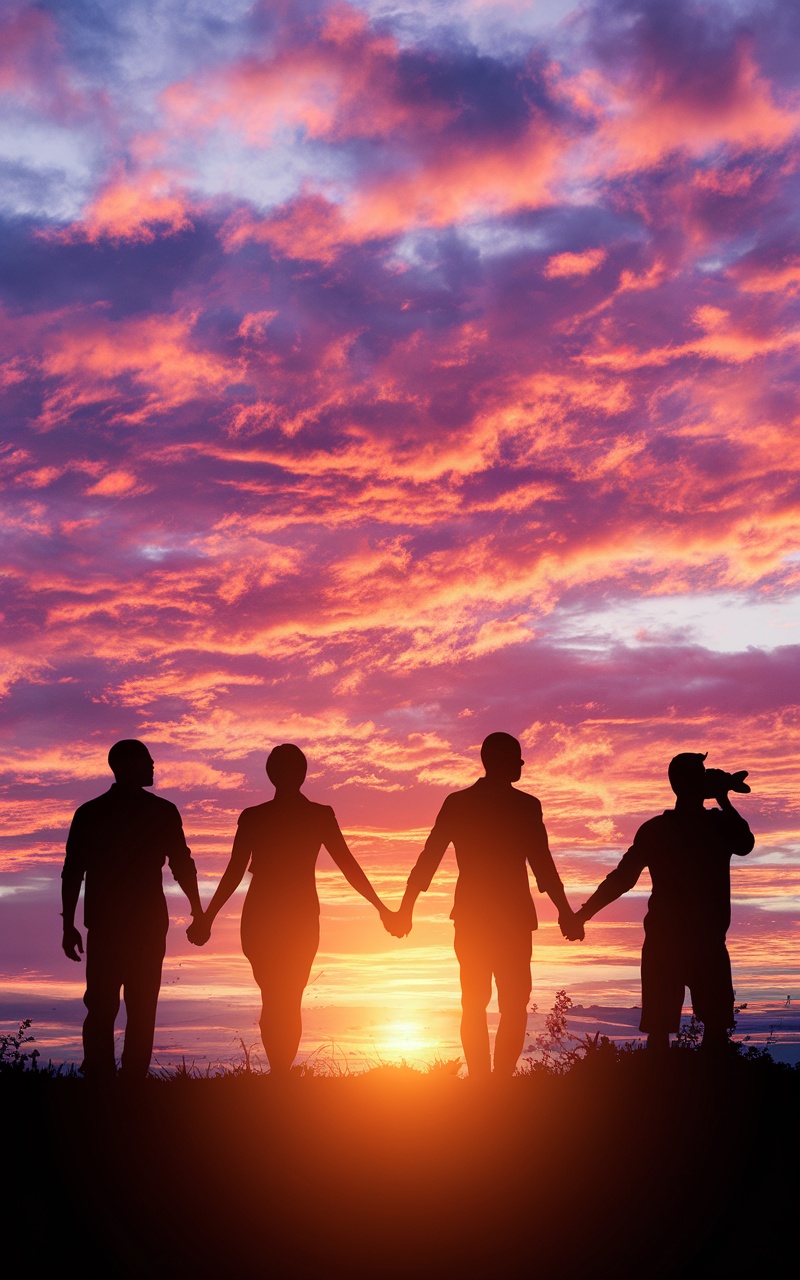 Silhouettes of four people holding hands against a colorful sunset