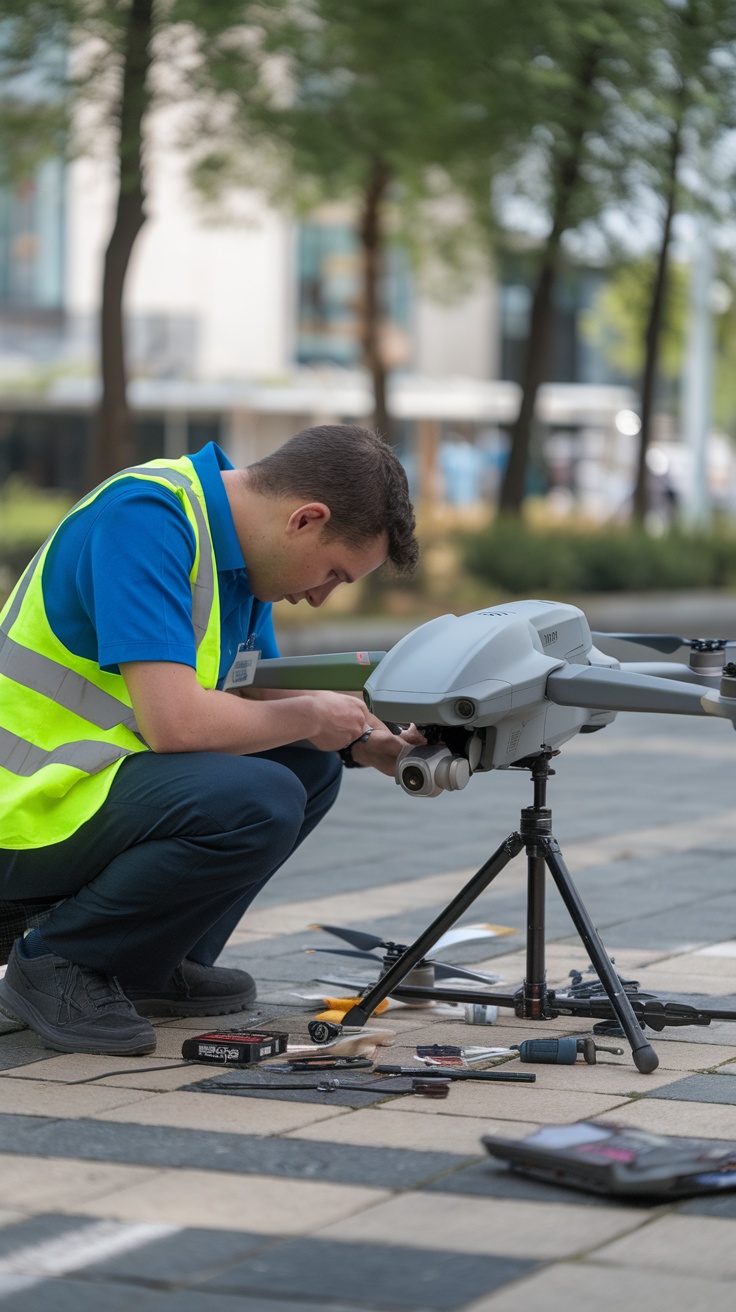 A technician in a green vest working on a drone with tools scattered on the ground