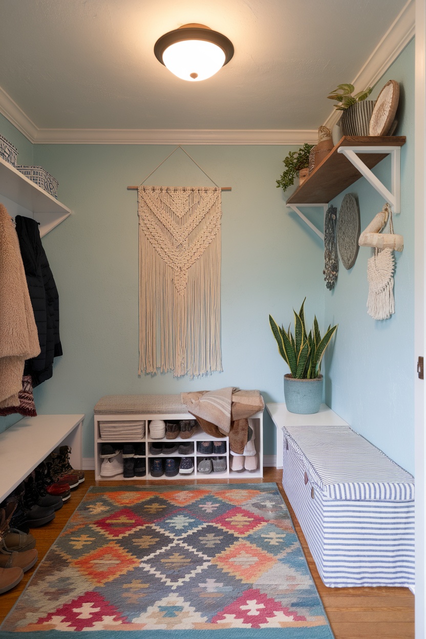 A colorful entryway featuring light blue walls, a macramé wall hanging, a patterned rug, and organized storage.